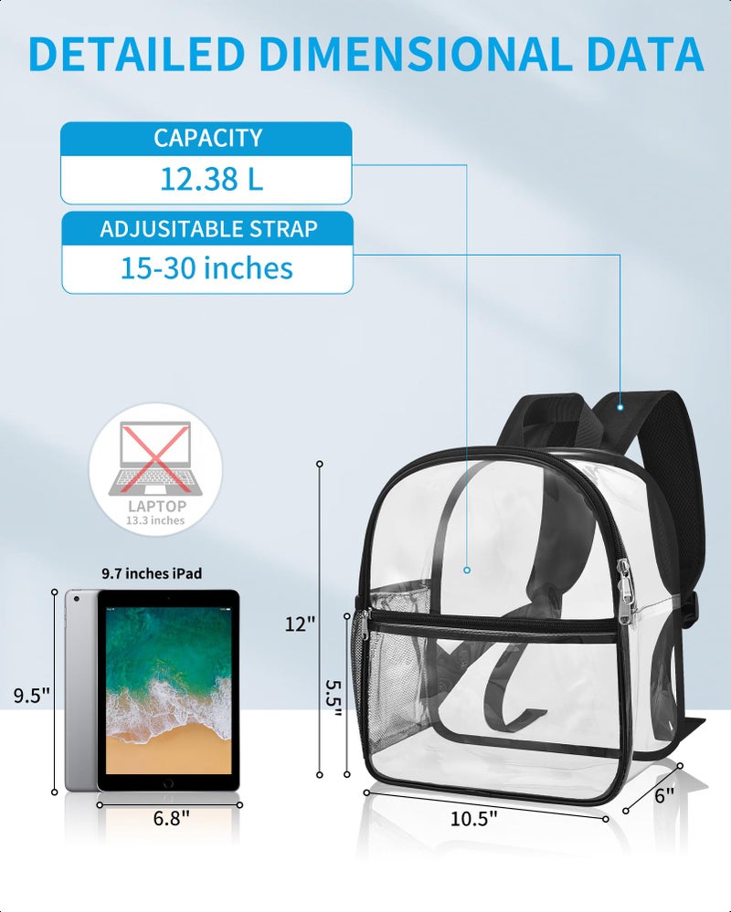 Paxiland Clear Backpack Stadium Approved 12Ã—12Ã—6 with Reinforced and Wider Shoulder Straps, Small Clear Bag for Schools, Concerts, Work, Festivals and Sporting Events - Black - Image 2